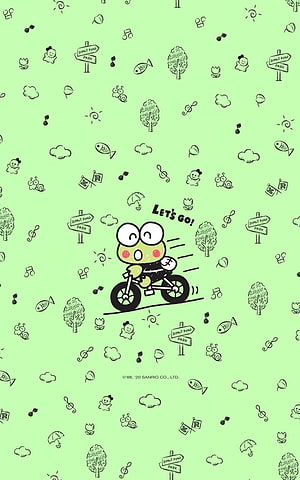 Keroppi Riding a Bicycle on a Mint Green Background with Doodle Patterns HD phone wallpaper