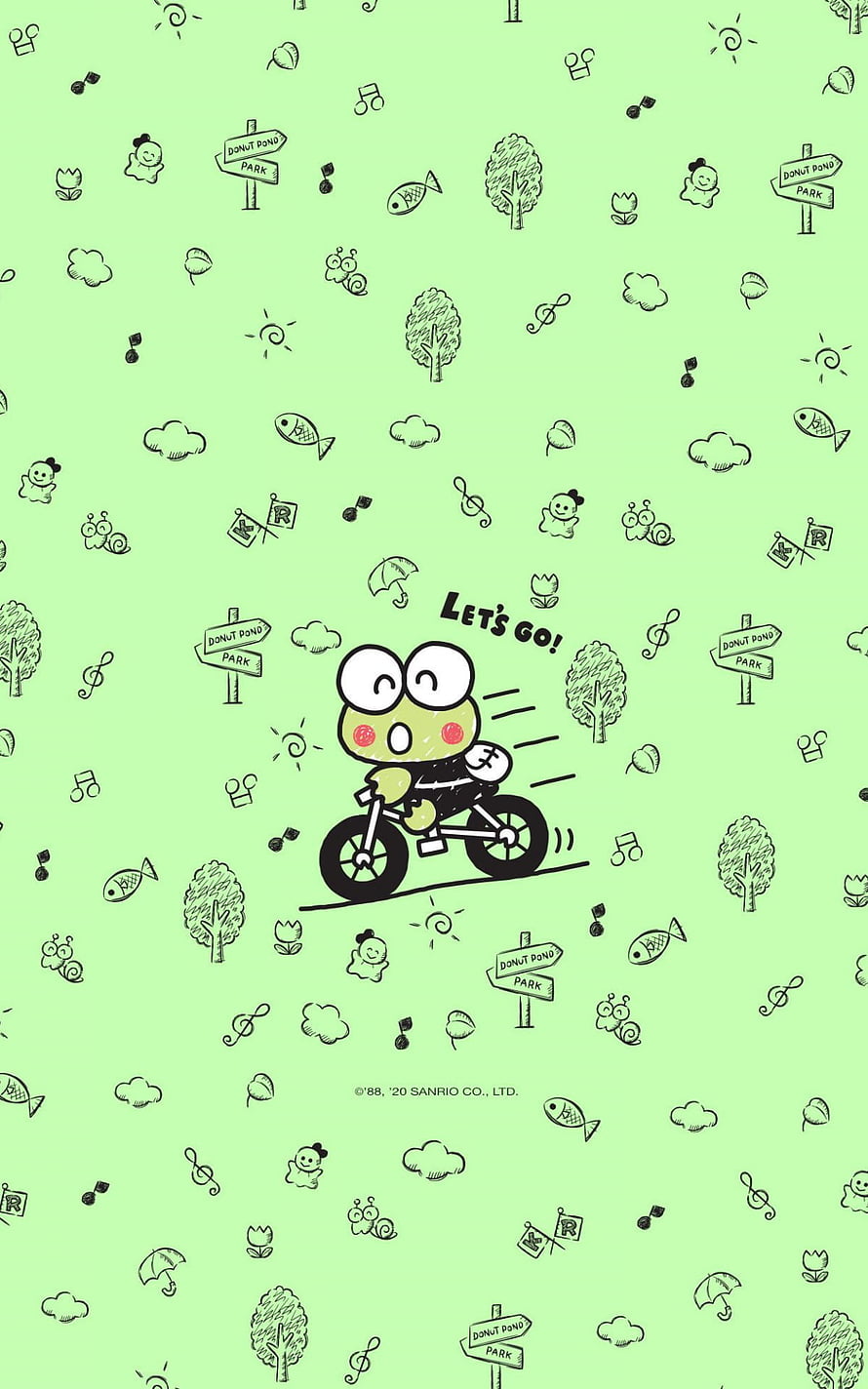 Keroppi Riding a Bicycle on a Mint Green Background with Doodle Patterns HD phone wallpaper
