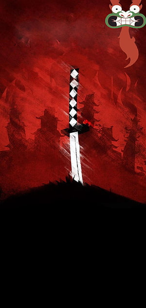 Samurai Jack Katana Sword Artwork with Red Background and Black Silhouette HD phone wallpaper