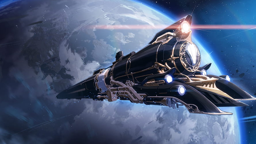 Honkai Star Rail spaceship concept art orbiting a blue planet with atmospheric clouds and lens flare HD wallpaper