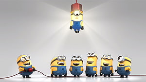 Minions 3D Animation Scene with Yellow Characters in Blue Overalls HD wallpaper
