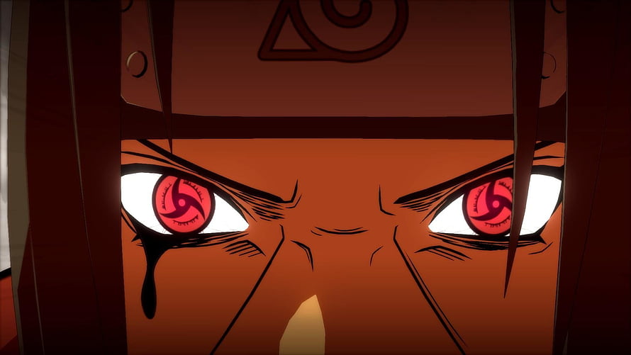 Itachi Uchiha Sharingan Close-Up with Amaterasu Flame Tears in Dark Anime Style HD wallpaper