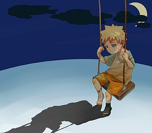 Uzumaki Naruto Sitting Alone on a Swing Under a Crescent Moon at Night HD wallpaper