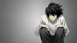 L from Death Note Sitting Crouched in White Shirt Against Grey Background HD wallpaper