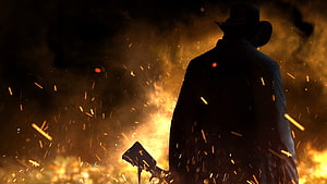 Red Dead Redemption 2 Silhouette Cowboy Standing in Fire and Sparks HD wallpaper