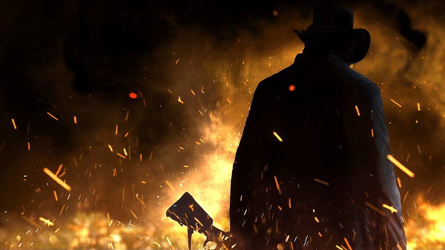Red Dead Redemption 2 Silhouette Cowboy Standing in Fire and Sparks HD wallpaper
