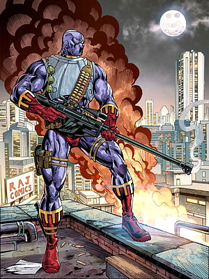 Raj Comics Villain with Rifle on Rooftop Amidst City Explosion and Full Moon HD phone wallpaper