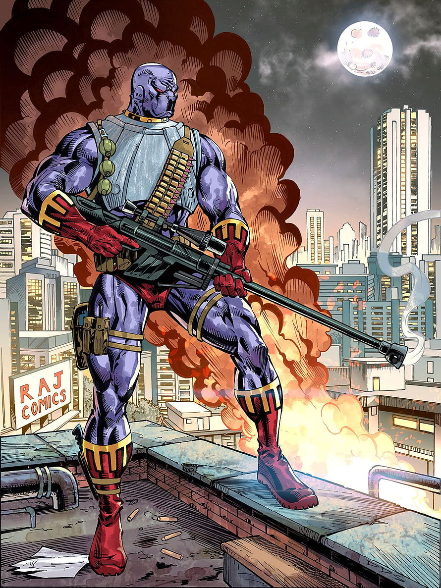 Raj Comics Villain with Rifle on Rooftop Amidst City Explosion and Full Moon HD phone wallpaper