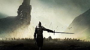 Lone Knight Standing on a Desolate Battlefield with Army in the Distance HD wallpaper