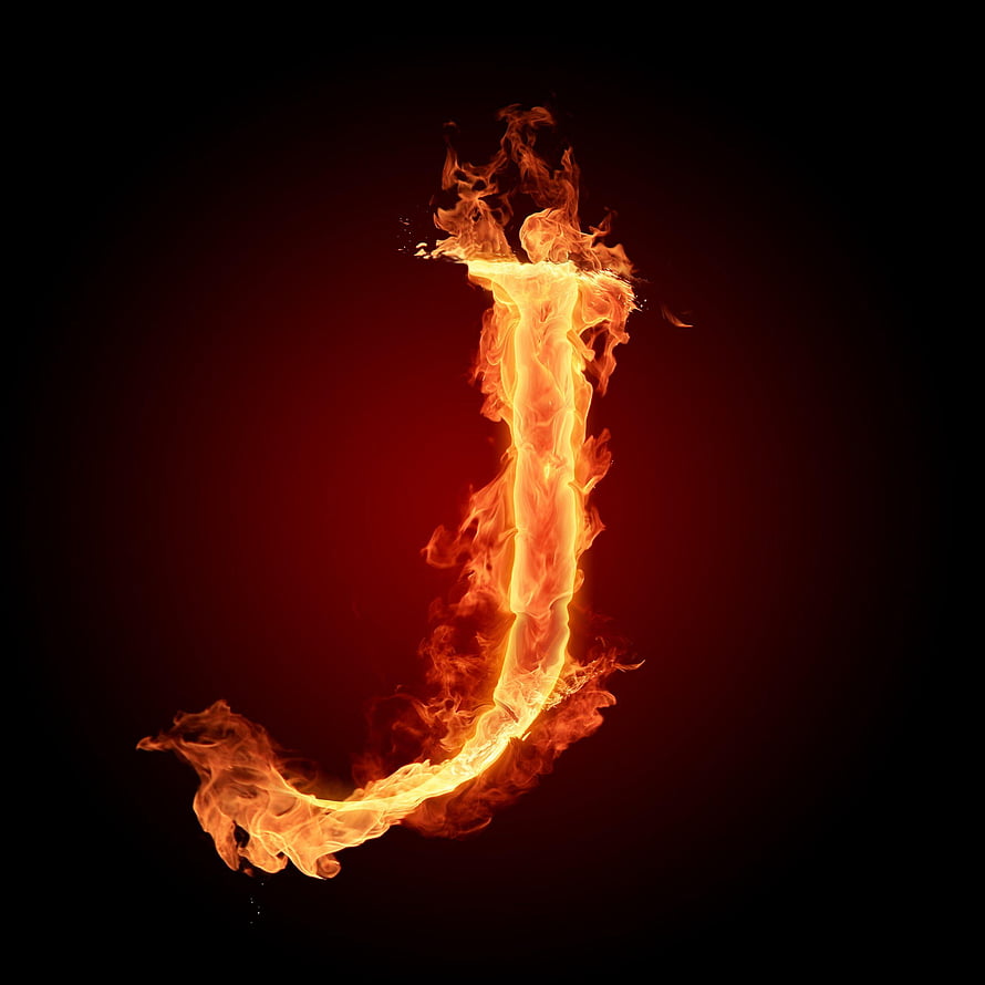 Flaming Letter J Fire Typography on Dark Red Background HD phone wallpaper