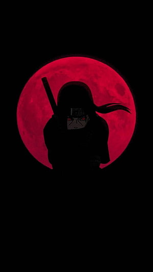 Naruto Uchiha Silhouette Against a Blood Red Moon in Dark Anime Style HD phone wallpaper