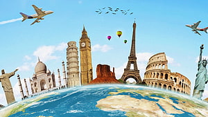World Travel Landmarks Collage Featuring Eiffel Tower, Colosseum, and Big Ben on a Globe HD wallpaper