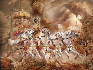 Majestic White Horse Chariot in Epic Indian Mythological Battle Scene HD wallpaper