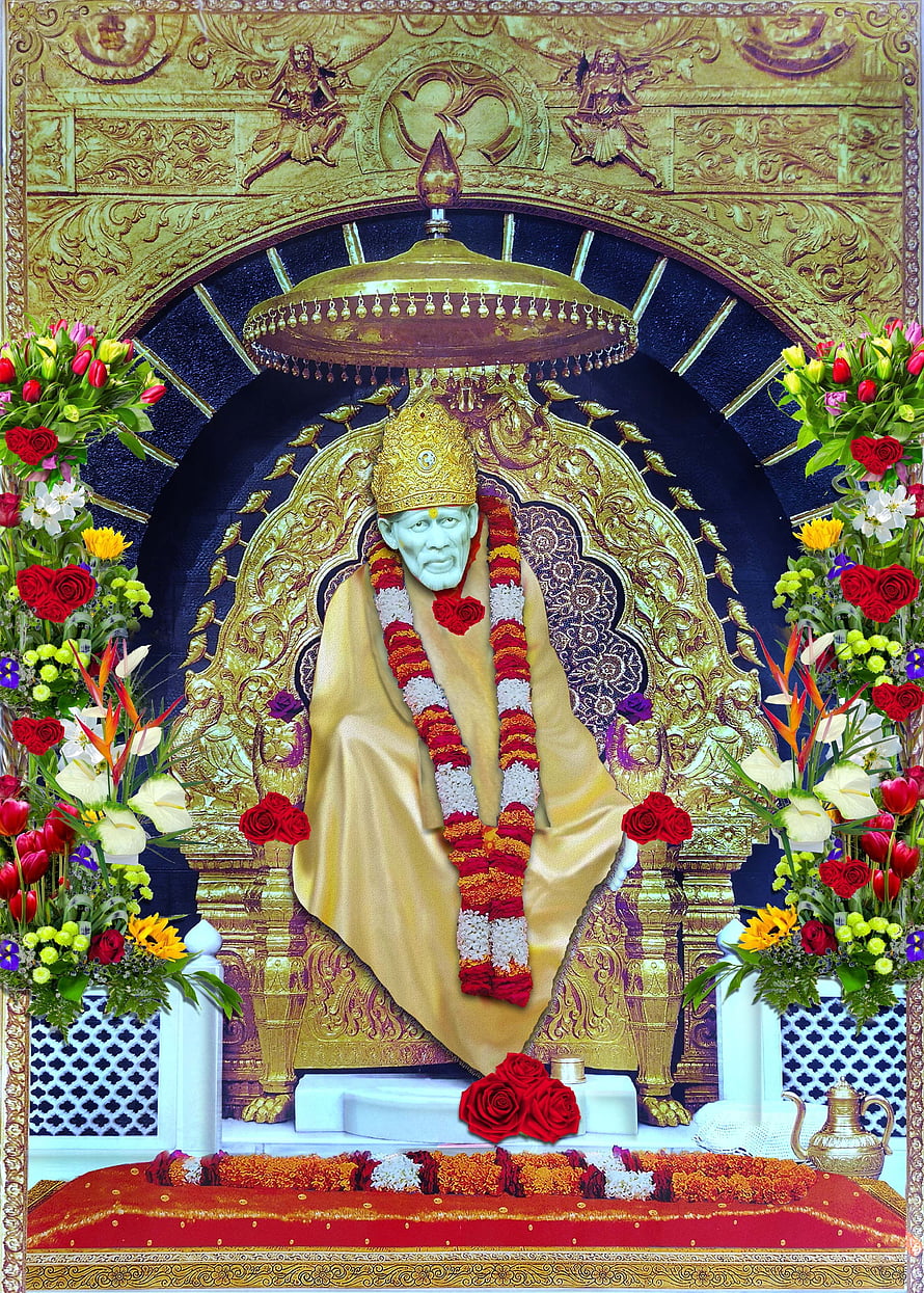Sai Baba Shrine Decorated With Marigold Garlands And Fresh Flowers HD phone wallpaper