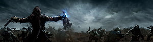 Dark Fantasy Warrior Wielding Glowing Blue Magic in Epic Battle Scene HD wallpaper