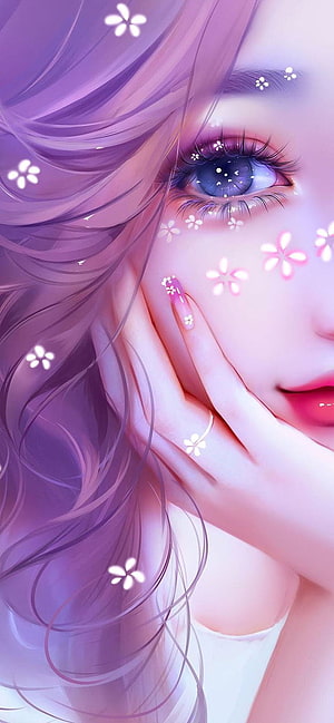 Dreamy Purple Hair Girl with Sparkling Blue Eyes and Floating Flower Petals HD phone wallpaper