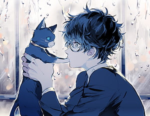 Anime Boy Holding Black Cat by Rainy Window in Blue Toned Illustration HD wallpaper