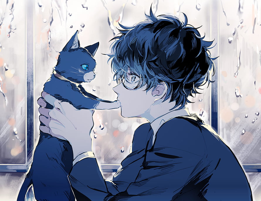 Anime Boy Holding Black Cat by Rainy Window in Blue Toned Illustration HD wallpaper