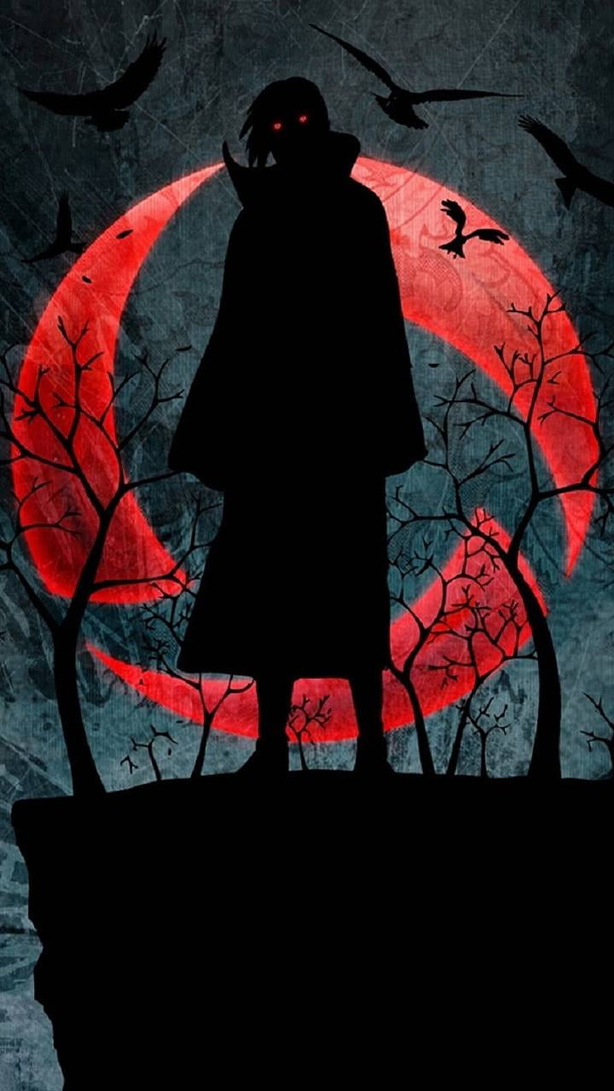Itachi Uchiha Silhouette Standing Before a Glowing Red Moon in a Dark Forest HD phone wallpaper
