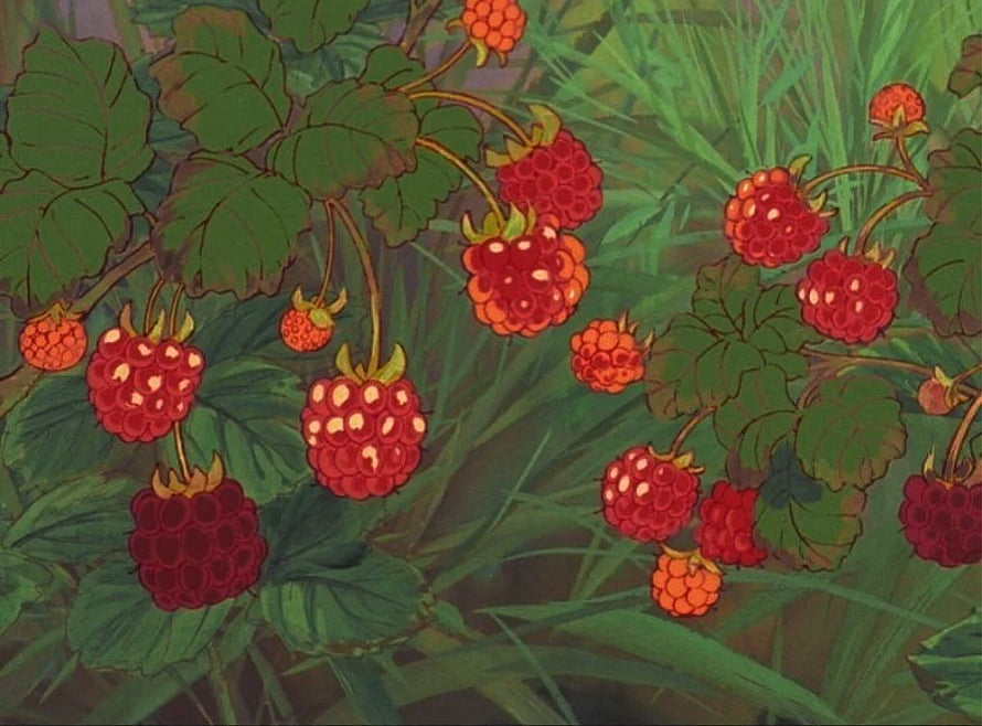 Cottagecore Raspberry Bush Illustration with Lush Green Foliage and Ripe Red Berries HD wallpaper