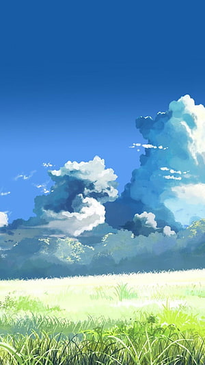 Makoto Shinkai Style Summer Meadow with Dramatic Cumulus Clouds and Vibrant Blue Sky HD phone wallpaper