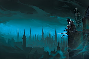 Cosmere Fantasy Illustration of Figures on a Tower Overlooking a Misty City HD wallpaper