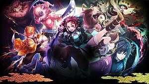 Demon Slayer Hashira and Demon Fighters in Dynamic Battle Scene HD wallpaper