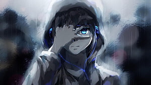 Anime Boy in Hoodie with Blue Eyes and Headphones in Rainy Atmosphere HD wallpaper
