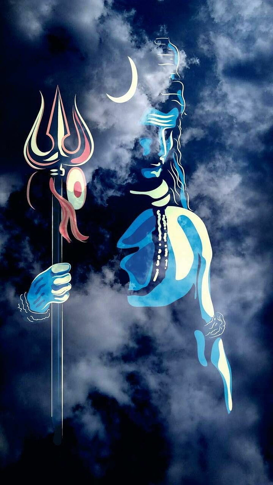 Lord Shiva Holding Trishul and Crescent Moon in Cloudy Night Sky HD phone wallpaper