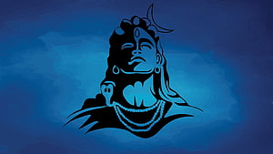 Lord Shiva Silhouette Portrait With Crescent Moon And Rudraksha Beads On Blue Background HD wallpaper