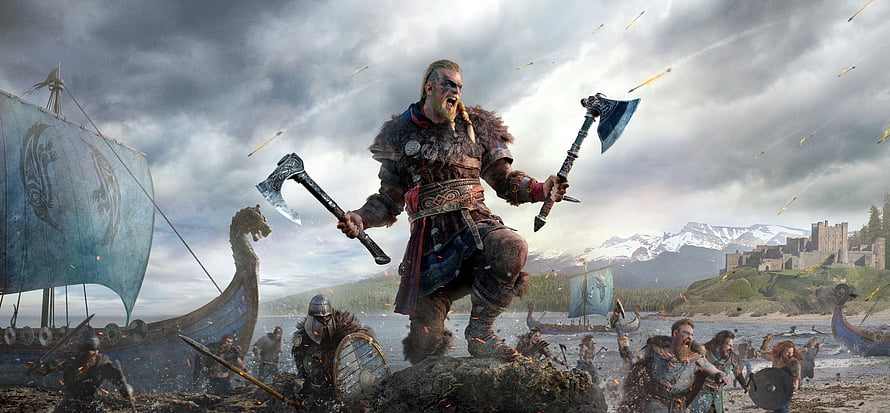 Assassins Creed Valhalla Viking Warrior Battle Scene with Longships and Arrows HD wallpaper