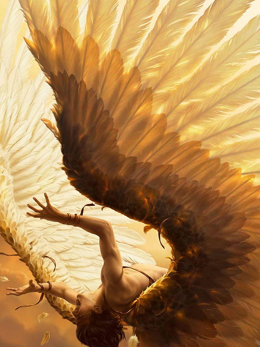 Icarus Soaring Through Golden Light With Massive Feathered Wings HD phone wallpaper