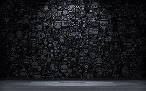 Dark Monochrome Crowd of Stylized Robot and Cat Characters on Concrete Floor HD wallpaper