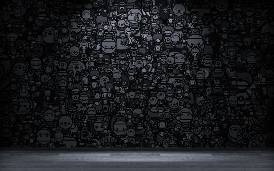 Dark Monochrome Crowd of Stylized Robot and Cat Characters on Concrete Floor HD wallpaper