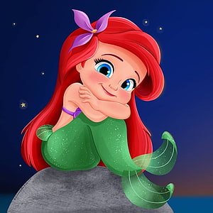 Cute Chibi Ariel Sitting on a Rock Under a Starry Night Sky HD phone wallpaper