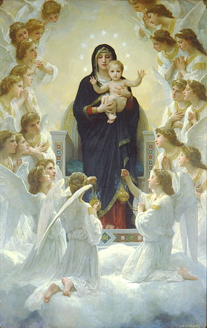 Blessed Virgin Mary and Child Surrounded by Angels in a Classical Religious Painting HD phone wallpaper