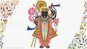 Shrinathji Devotional Artwork with Lotus and Ornate Floral Border HD wallpaper