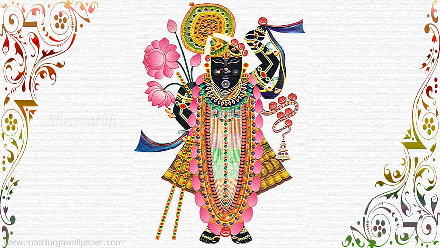 Shrinathji Devotional Artwork with Lotus and Ornate Floral Border HD wallpaper