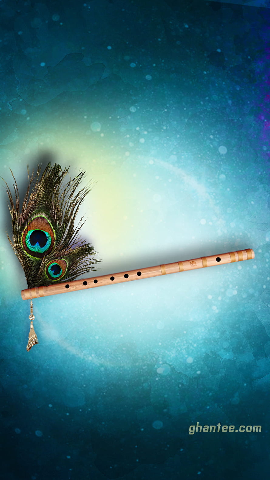 Bamboo Bansuri Flute with Peacock Feathers on Ethereal Blue Background HD phone wallpaper