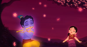 Little Krishna Playing Flute in a Magical Garden with a Dancing Girl HD wallpaper