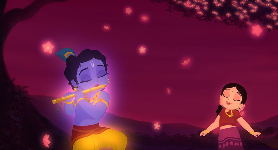 Little Krishna Playing Flute in a Magical Garden with a Dancing Girl HD wallpaper