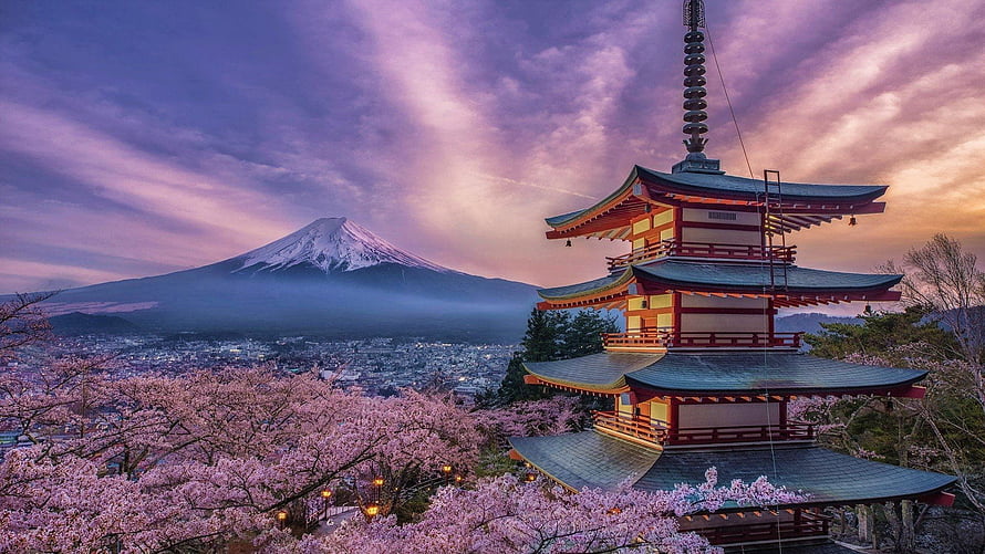 Chureito Pagoda and Mount Fuji at Dusk with Cherry Blossoms in Japan HD wallpaper