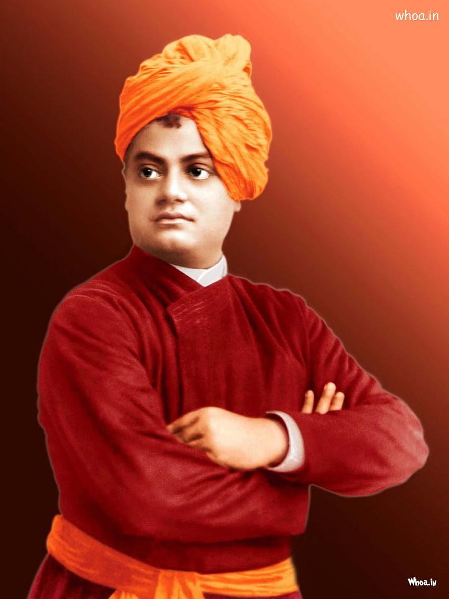 Swami Vivekananda Portrait in Traditional Red Kurta and Orange Turban HD phone wallpaper