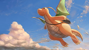 Dragonite Soaring Through a Bright Blue Sky With Fluffy Clouds HD wallpaper