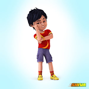 Shiva 3D Animated Boy Character in Red Shirt and Purple Shorts HD phone wallpaper
