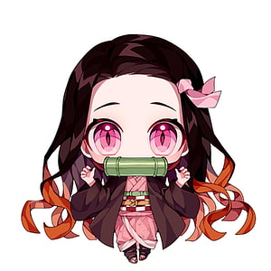 Chibi Nezuko Kamado from Demon Slayer in Kawaii Style with Bamboo Mouthpiece HD phone wallpaper