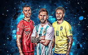 Cristiano Ronaldo, Lionel Messi, and Neymar in National Team Kits HD wallpaper