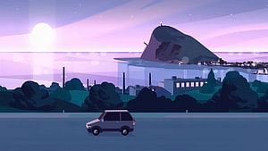 Steven Universe Animated Landscape with Car and Floating Island at Dusk HD wallpaper