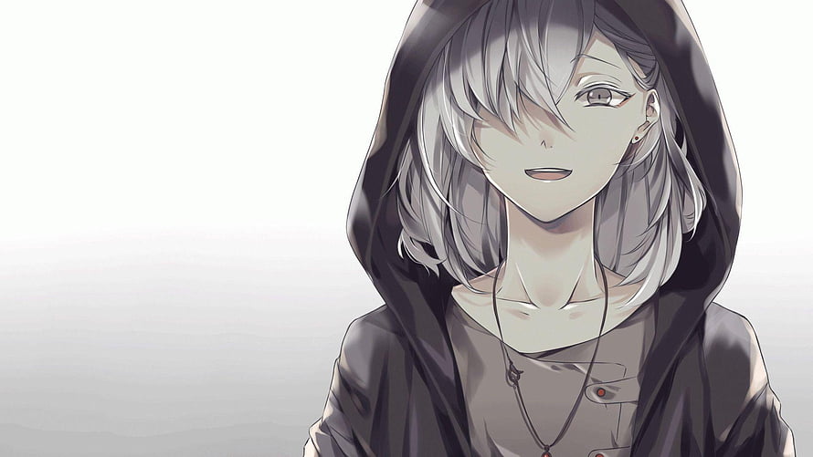 Anime Character in Dark Hoodie with Silver Hair and Soft Smile HD wallpaper