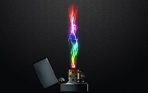 Rainbow Plasma Flame Rising from Open Metal Lighter on Dark Background HD wallpaper